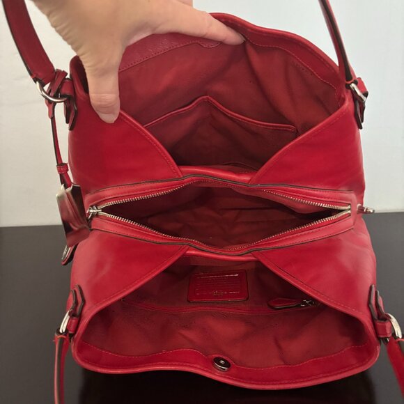 Coach Red Leather Brown Signature Jacquard Edie Shoulder Bag 31 - Picture 12 of 13